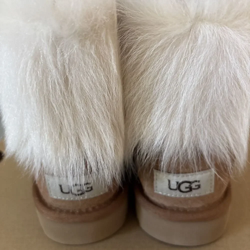 UGG Chestnut Suede Ankle Booties with Ivory Fur Cuff - Picture 8 of 12